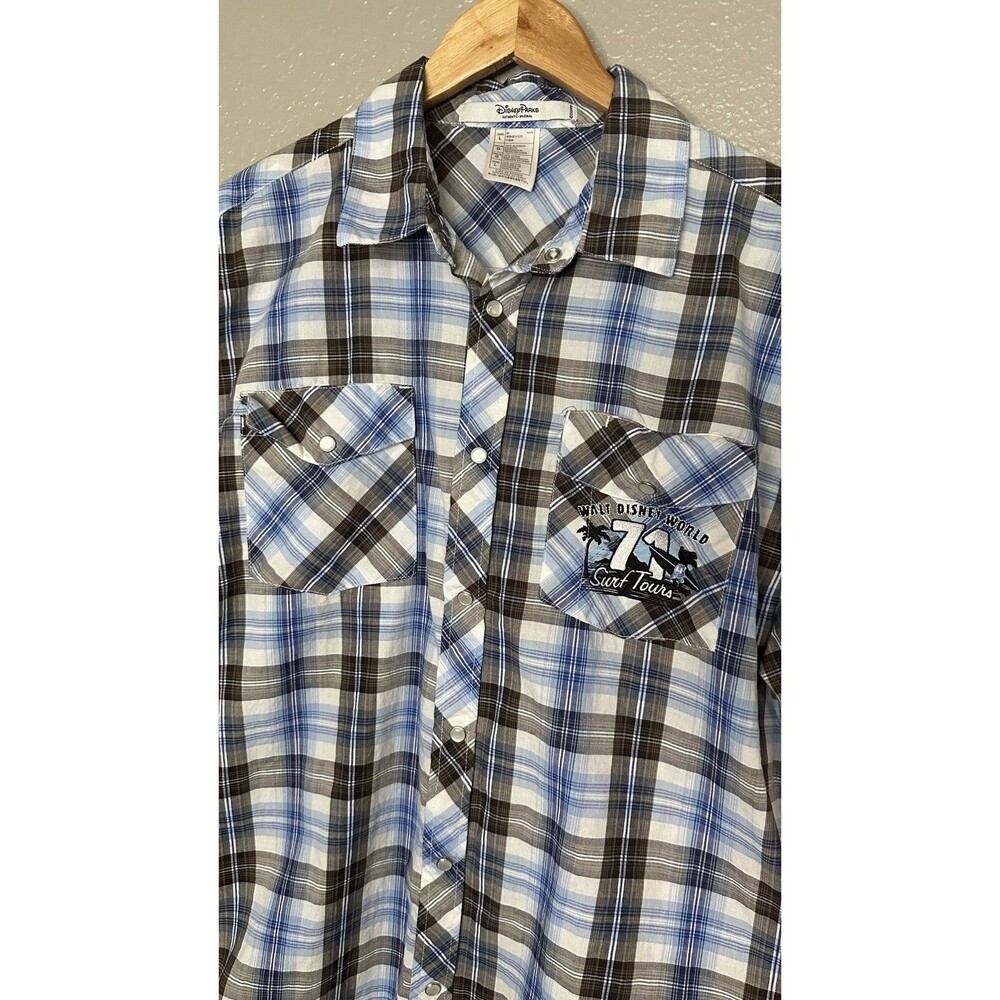 Walt DISNEY World RESORT Pearl Snap Mickey Mouse Surf Mens Shirt Blue Plaid L - Picture 5 of 5